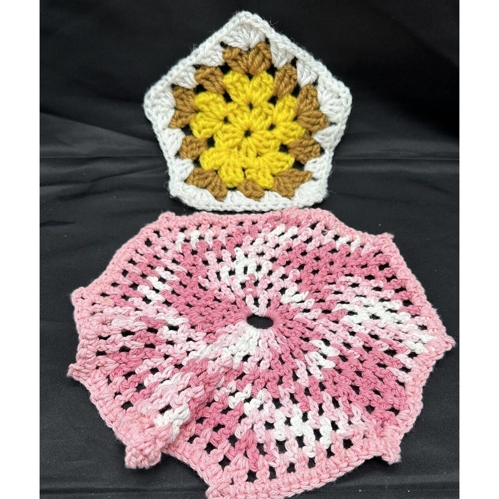 Vintage Handmade Crocheted Lot of 2 Hot Pads Pot Holders Trivets Pink White MCM
